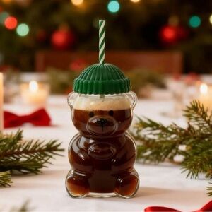 Bear Shaped Glass with Green Lid and Straw